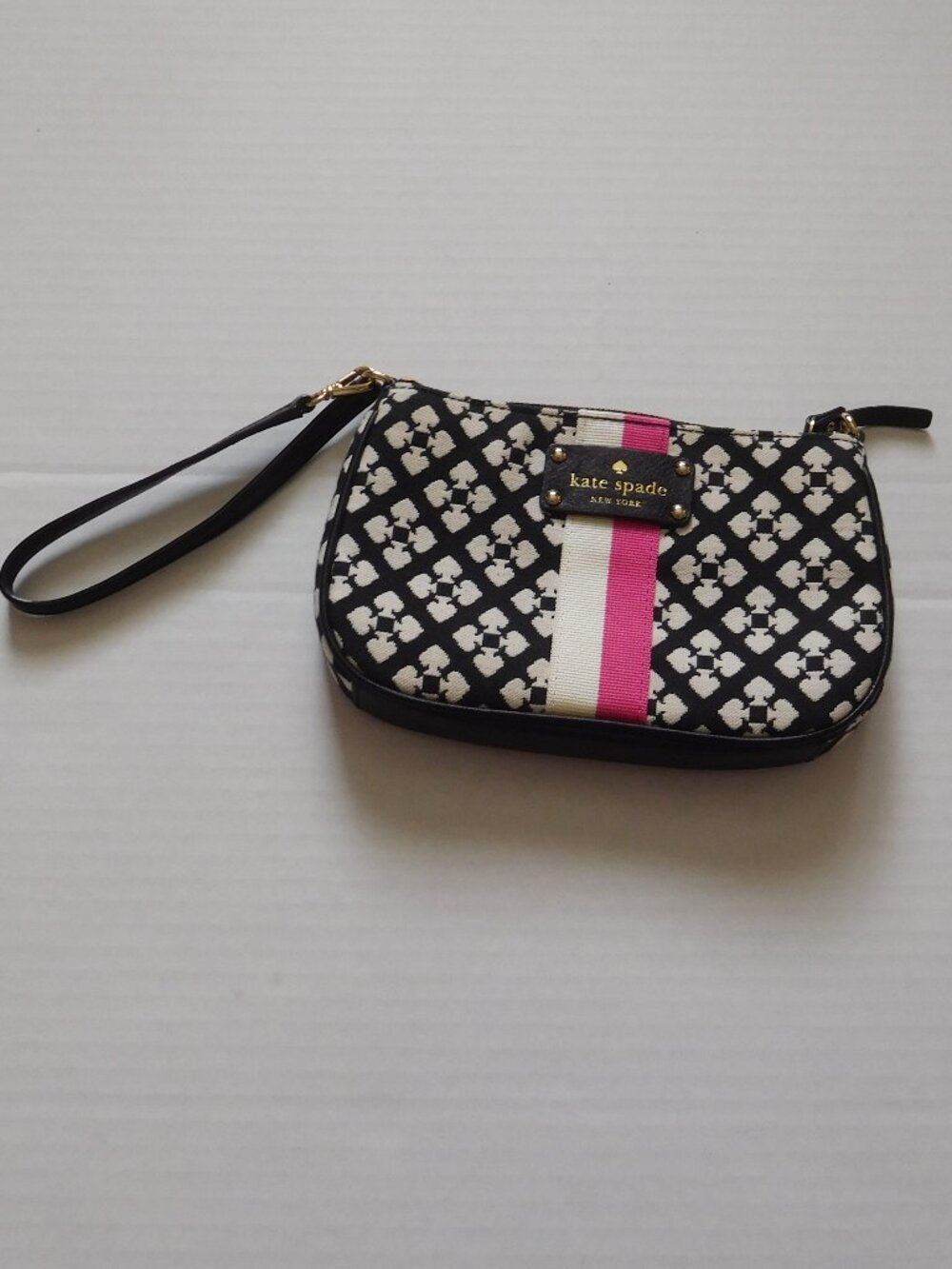 Kate Spade Black Ivory Spade Logo Wristlet Pink Ivory Striped